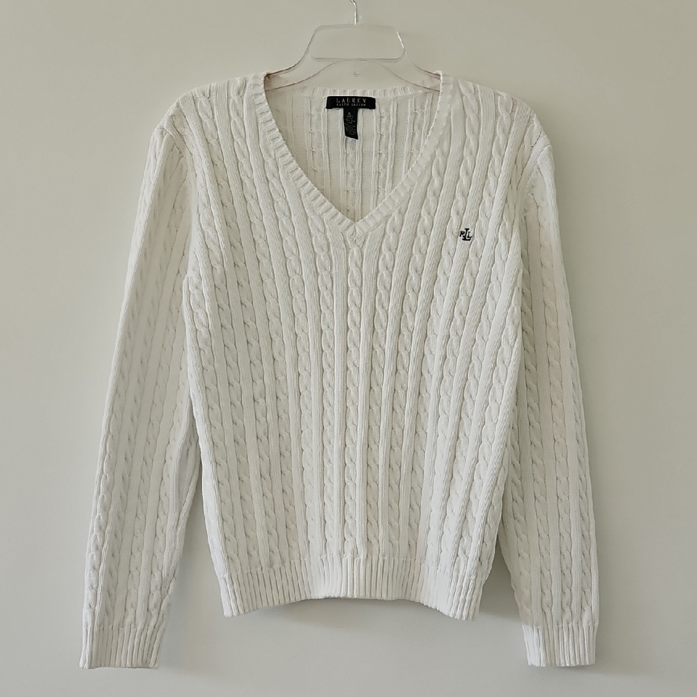 Lauren Ralph Lauren White Cotton Vneck Cableknit Sweater Tennis‎ Preppy Size XL
